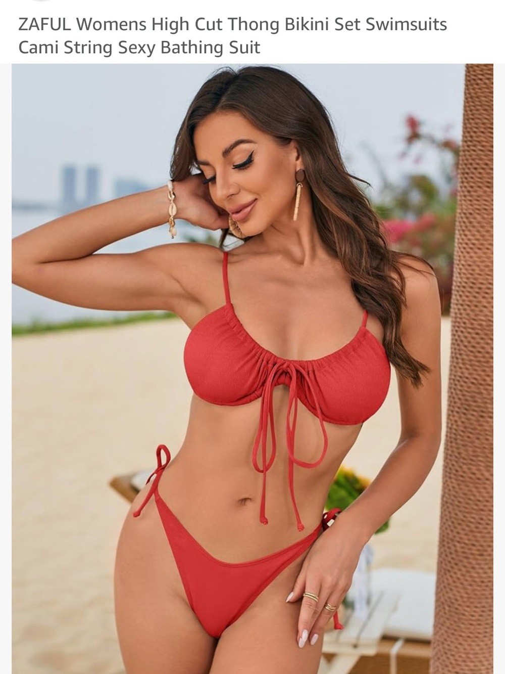Zaful Red Tie-Front High Cut Thong Bikini